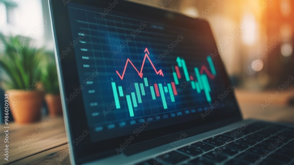Aufkleber a close-up of a financial chart displayed on a laptop screen, with arrows pointing up and down, repr