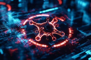 Intricate 3D Rendered Digital Virus Cyber Biohazard Symbol in Futuristic Setting with Glowing Effects