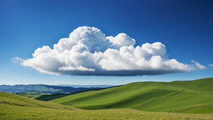 Fototapeta premium A single fluffy cloud drifts in a clear blue sky, casting a gentle shadow over the rolling green hills below.