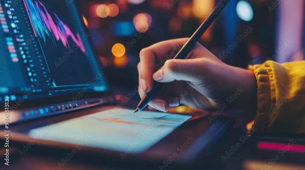 Poster a close-up of a graphic designer hand using a drawing tablet to create digital illustrations, with t