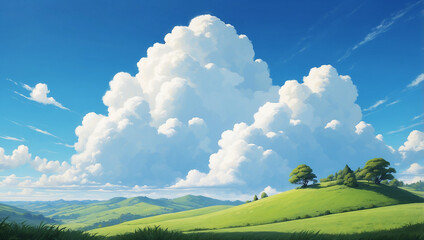 Obraz premium A single fluffy cloud drifts in a clear blue sky, casting a gentle shadow over the rolling green hills below.