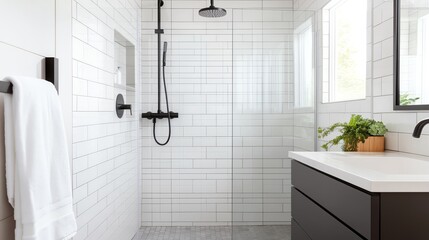 Frameless glass shower with seamless tile design and matte black hardware, minimalist bathroom aesthetic, sleek modern style