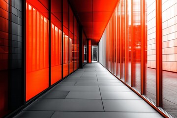 Fototapeta premium A long, modern corridor features vivid red glass panels and sunlight streaming in, creating a bold and dynamic architectural space.