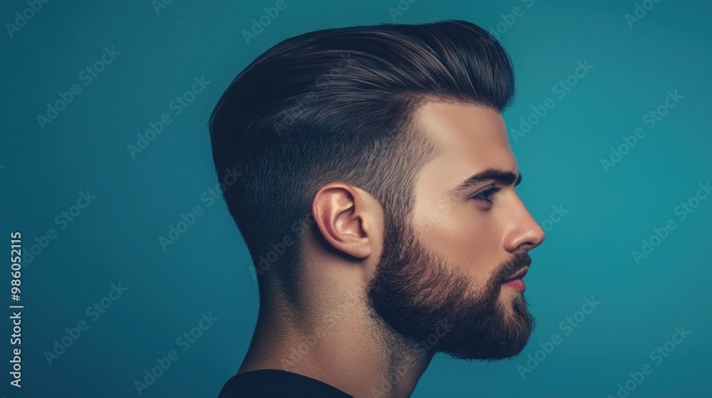 Wall mural handsome man with stylish haircut and beard looking to the side, against a teal background.