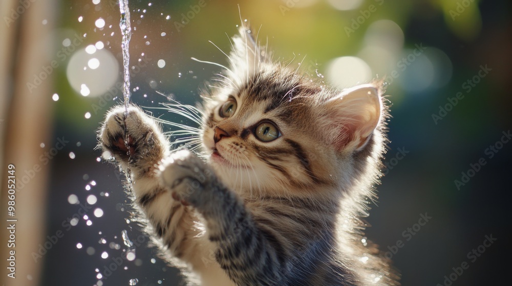 Poster a close-up of a kitten batting at a stream of water from a faucet, with its paws reaching out and wa
