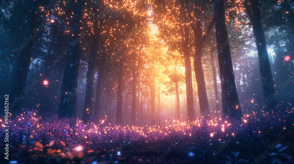 Canvas Prints magical forest scene filled with vibrant colors and glowing particles, creating enchanting atmospher