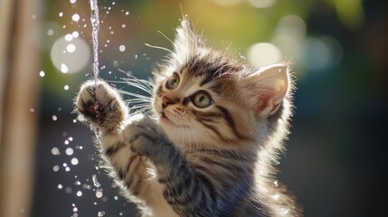 Fototapeta premium A close-up of a kitten batting at a stream of water from a faucet, with its paws reaching out and water droplets catching the light