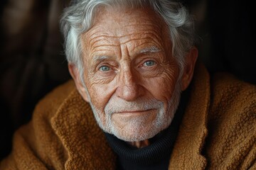 portrait of charismatic elderly man deep wrinkles and twinkling eyes silver hair catching light warm smile rich skin tones and textures