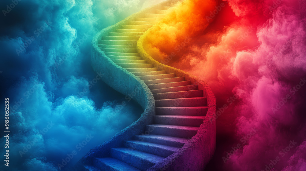 Wall mural vibrant rainbow spiral staircase ascends through colorful cloudscape, creating surreal and dreamlike