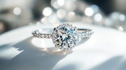 Close-up of a sparkling diamond engagement ring on a white surface with soft lighting.