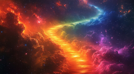 Obraz premium vibrant rainbow road winds through cosmic landscape filled with colorful clouds and stars, symbolizing journey into unknown and beauty of universe