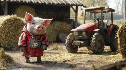 Obraz premium A piglet dressed as a farmer, standing beside a small tractor and bales of hay in a farmyard.