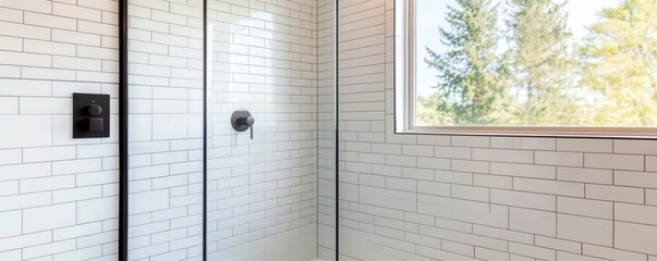 Frameless glass shower with large subway tiles and black hardware, minimalist bathroom aesthetic, modern bold contrast