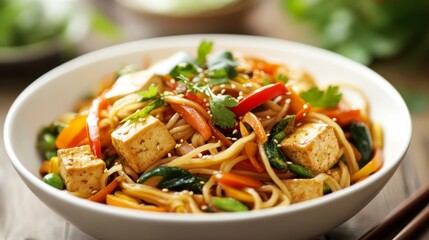 A close-up of a traditional noodle dish with colorful vegetables, tofu, and a savory sauce, served in a white bowl with chopsticks on the side.