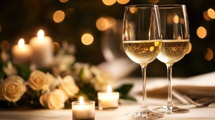 Two glasses of champagne on a romantic table setting with candles and roses.