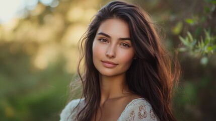 Naklejka premium A close-up of a woman with long, flowing hair styled in loose, beachy waves, set against a natural, outdoor backdrop highlighting the relaxed and effortless look.