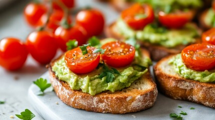 A close-up of crispy toasted bread with a layer of creamy avocado spread, garnished with cherry tomatoes and a sprinkle of herbs, set on a breakfast table.