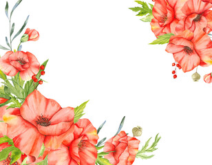 Poppy Flowers Watercolor Illustration. Poppy Bouquets. Botanical Watercolor. Wildflower Bouquets Hand Painted isolated on white background.  Perfect for Wildflowers wedding invitations, bridal shower 