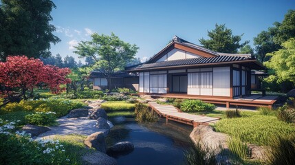 Traditional Japanese house with a wooden bridge over a pond, surrounded by greenery and flowers.