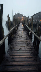 Fototapeta premium Solitude on the Misty Pier: A weathered wooden pier stretches into the misty twilight, leading towards a solitary illuminated boathouse.