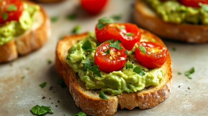 A close-up of crispy toasted bread with a layer of creamy avocado spread, garnished with cherry tomatoes and a sprinkle of herbs, set on a breakfast table.