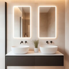 Fototapeta premium Frameless mirror with integrated lighting in a minimalist white bathroom, minimalist bathroom aesthetic, sleek modern design