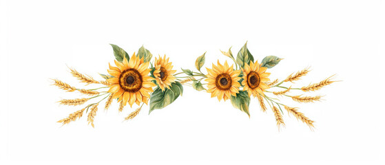 Fototapeta premium Beautiful watercolor illustration of sunflowers and wheat, perfect for seasonal decor or floral designs.
