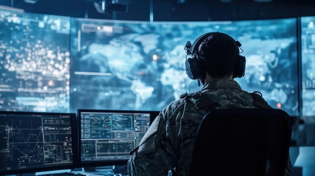 Military personnel monitors data in a high-tech command center with multiple screens