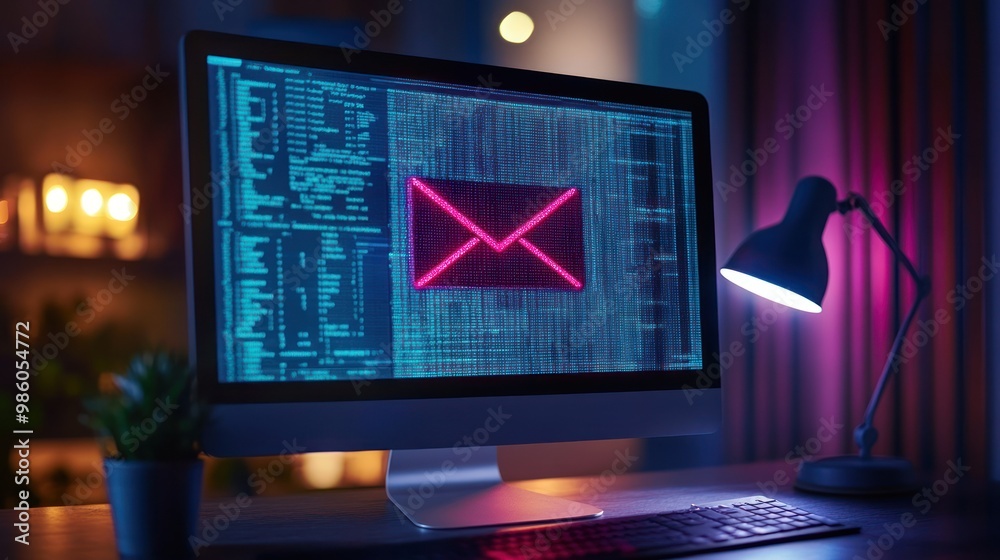 Poster a computer screen displays digital mail with coding elements, emphasizing technology and communicati