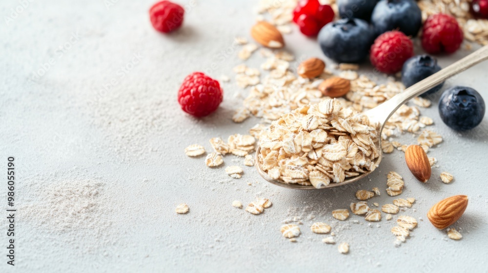 Poster A close-up of rolled oats and a spoon, with a sprinkling of fresh berries and nuts on a white surface, highlighting the nutritious and versatile nature of the grains.