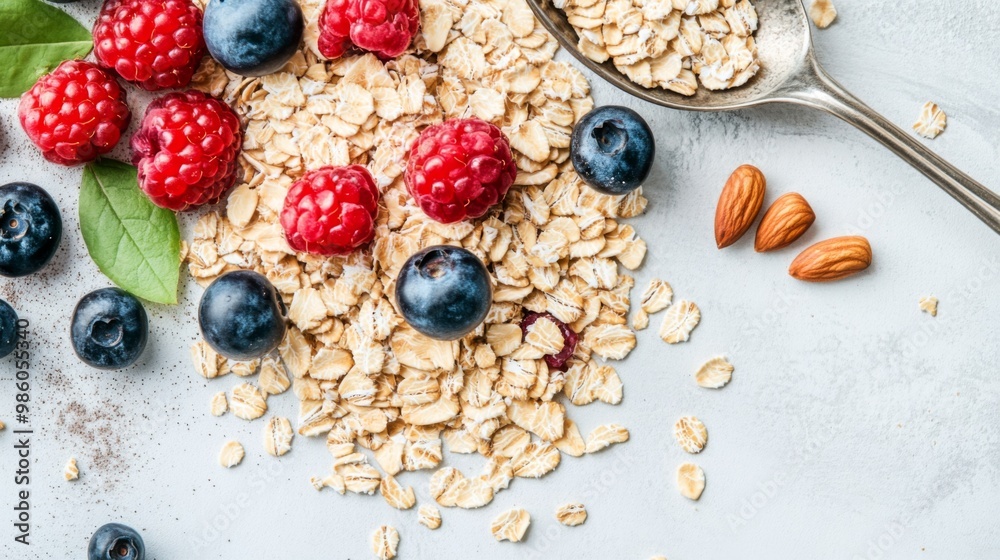 Poster A close-up of rolled oats and a spoon, with a sprinkling of fresh berries and nuts on a white surface, highlighting the nutritious and versatile nature of the grains.