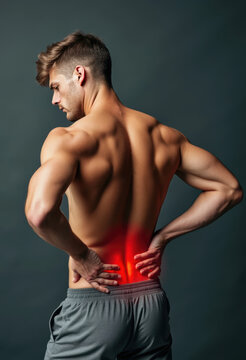 Homme sportif muscl&eacute; vu de dos qui &agrave; des douleurs inflammations aux lombaires
