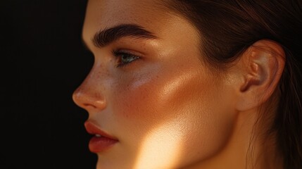 Close-up profile of a woman's face with freckles and a hint of sun-kissed glow, soft lips and long dark hair.