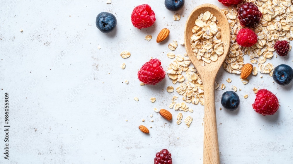 Poster A close-up of rolled oats and a spoon, with a sprinkling of fresh berries and nuts on a white surface, highlighting the nutritious and versatile nature of the grains.