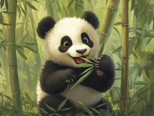 Obraz premium A baby panda sitting among bamboo, chewing on a bamboo shoot