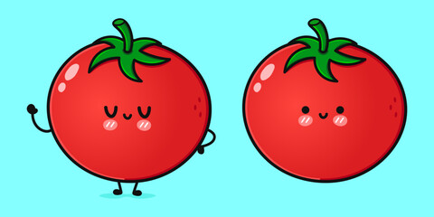 Cute funny Tomato. Vector hand drawn cartoon kawaii character illustration icon. Isolated on blue background. Tomato character concept