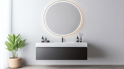 Minimalist bathroom with large circular mirror, floating vanity, and matte black fixtures, minimalist bathroom aesthetic, modern elegance