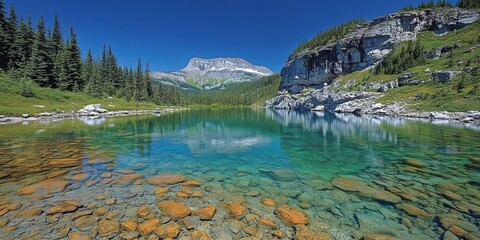 A crystal clear mountain lake reflecting the snow-capped peak and surrounding forested slopes