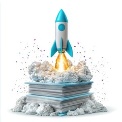 A creative illustration of a rocket launching from a stack of books, symbolizing knowledge and exploration.