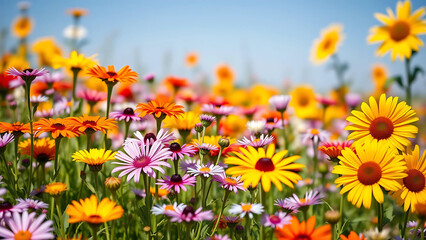 Obraz premium Vibrant Daisy Field Under Clear Blue Sky - A Colorful Floral Landscape Capturing Nature’s Beauty