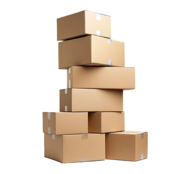 A stack of multiple cardboard boxes in a transparent background for various packaging and shipping purposes