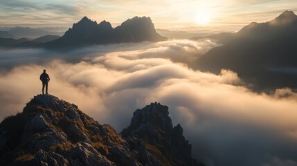 Lone Hiker. Rocky Cliff Overlooking Cloud-Covered Peaks. Dramatic Morning Sun. Landscape Background.