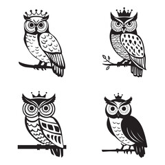 Obraz premium King owl silhouette set black color vector illustration