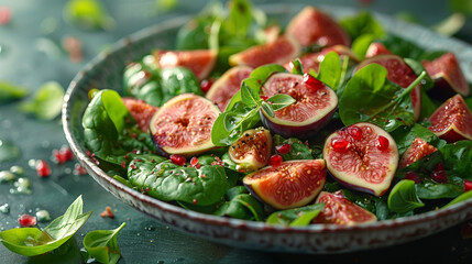 A serving of foie gras salad with green leaves and figs appears to levitate against a clean, minimalist background