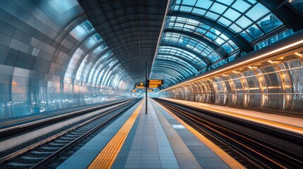 A modern subway station with a sleek, glass canopy, featuring illuminated platforms and train tracks, creating an urban atmosphere.
