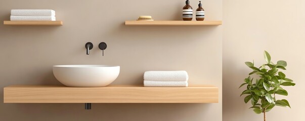Softly lit beige bathroom with wood accents and floating shelves, minimalist bathroom aesthetic, modern cozy design