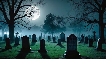A spooky, foggy night in a haunted graveyard, with a full moon casting eerie shadows on the tombstones