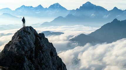 Lone Hiker. Rocky Cliff Overlooking Cloud-Covered Peaks. Dramatic Morning Sun. Landscape Background.