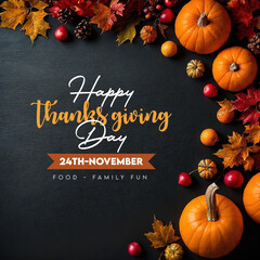 Happy thanks giving day message November greeting social media post pumkin autumn leaves candles