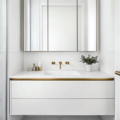 Fototapeta premium White minimalist bathroom with floating vanity and brass fixtures, minimalist bathroom aesthetic, sleek modern luxury